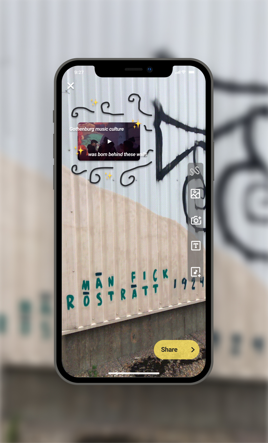 Augment Your City citizen-side screen showing content creation in AR at a Ringön location.