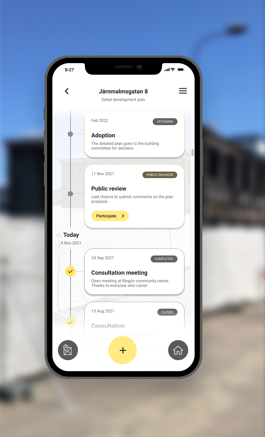 Augment Your City city-side screen — the timeline view that resurfaces citizen contributions at relevant planning stages.