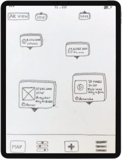 Paper wireframe of an early AR view screen with location-tagged content cards.
