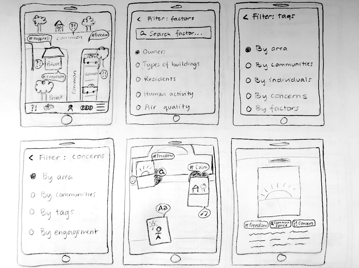 Pen-and-paper sketches exploring app flow — phone-shaped screens drawn by hand, showing early concept states.