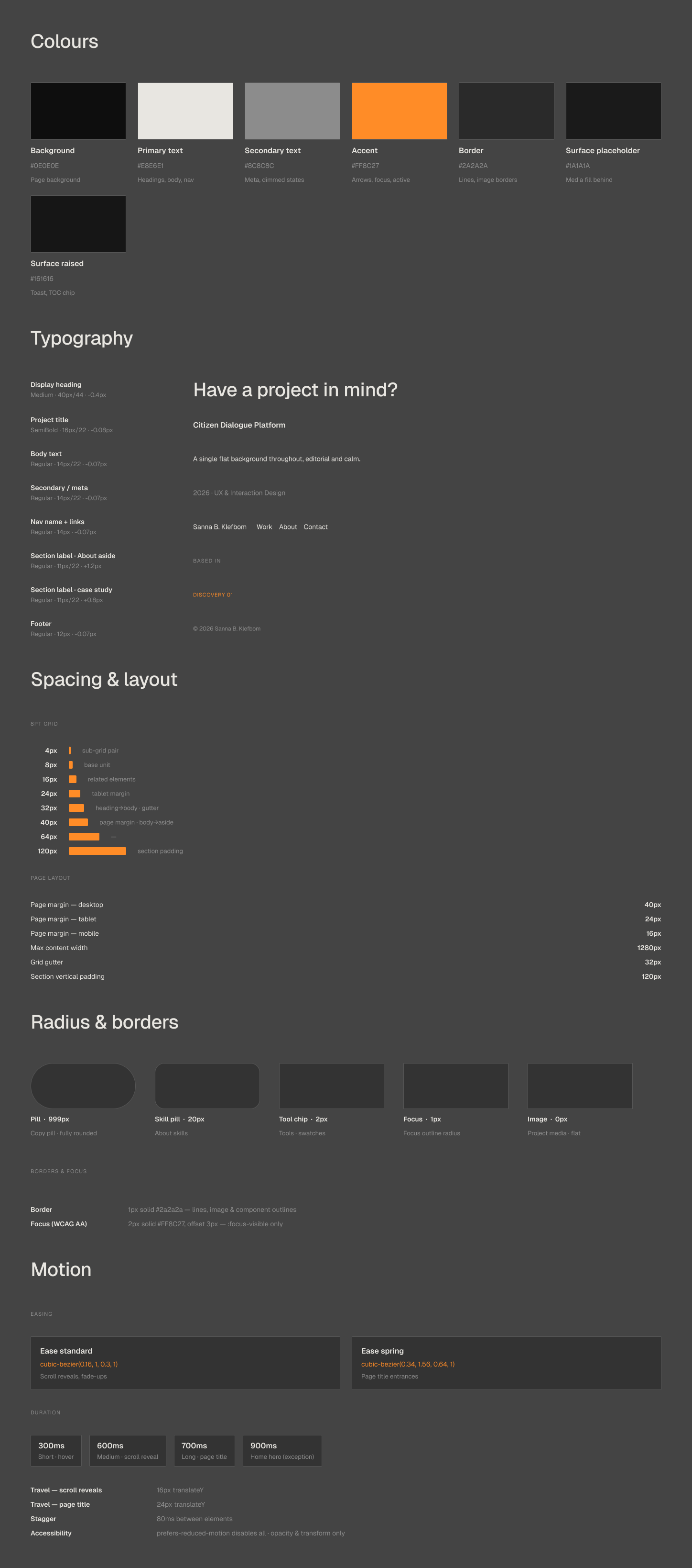 The design system in Figma: colours, typography, spacing and layout, radius and borders, and motion